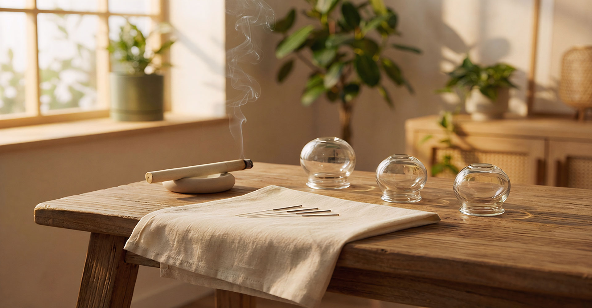 Stillleben von Akupunktur und Schröpfmedizin liegen auf einem Echtholztisch