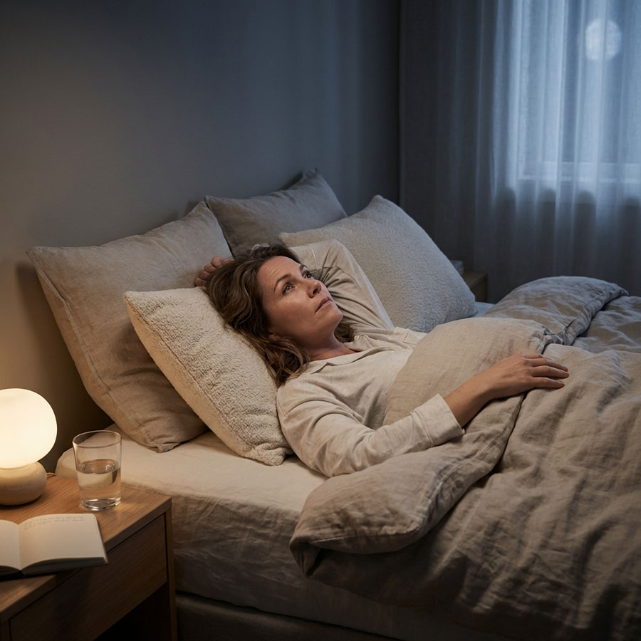 Eine Frau mittleren Alters liegt mit Schlafproblemen wach im Bett