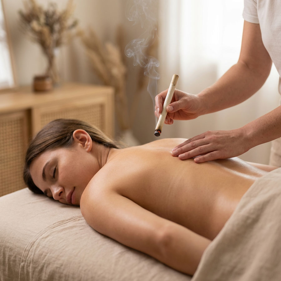 Eine junge erwachsene Patientin liegt auf einer Liege bei einer Moxibustion-Behandlung